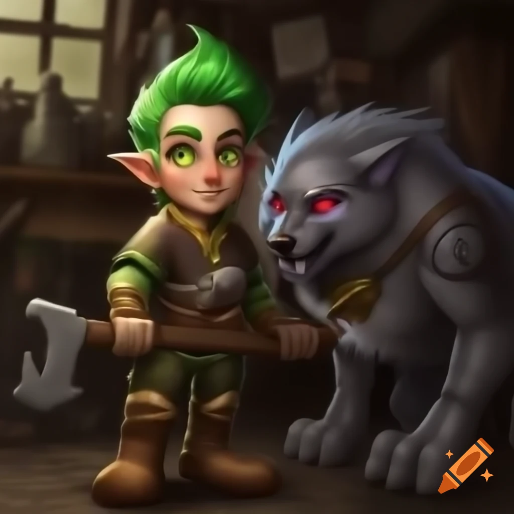 Young male gnome artificer with green hair and giant wrench beside robotic wolf in workshop