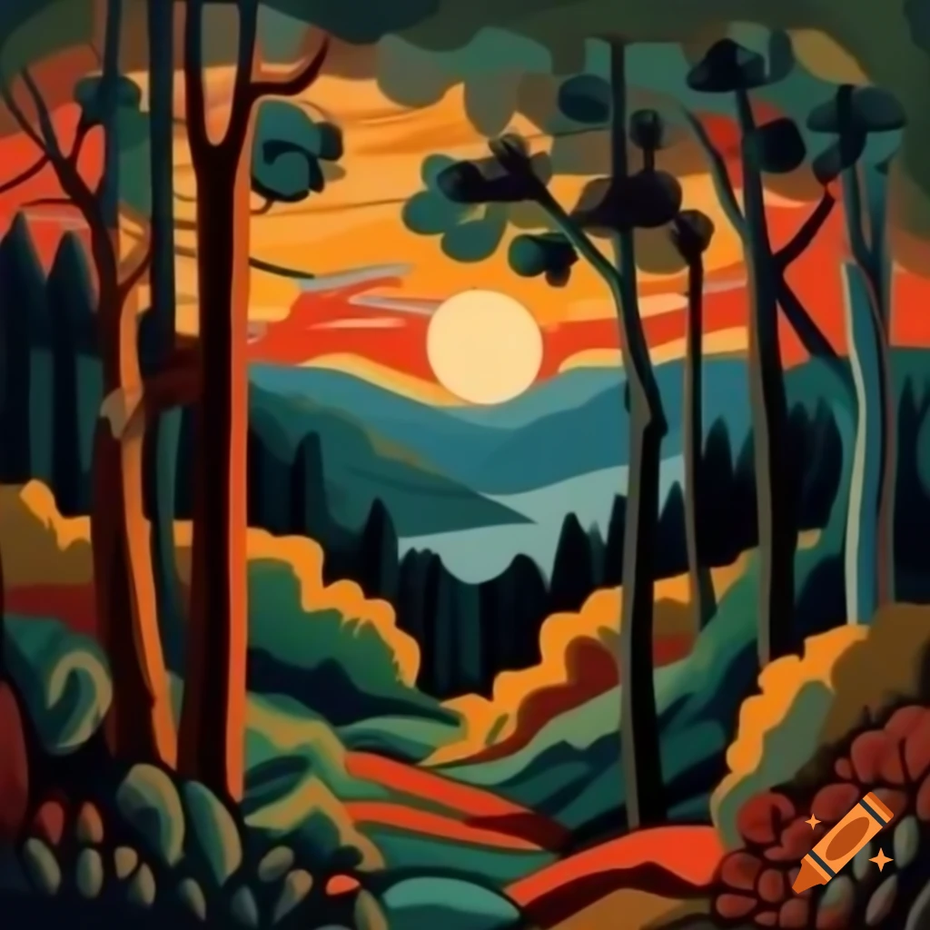 Cubist painting of colorful forest at sunset in Patagonia, Chile