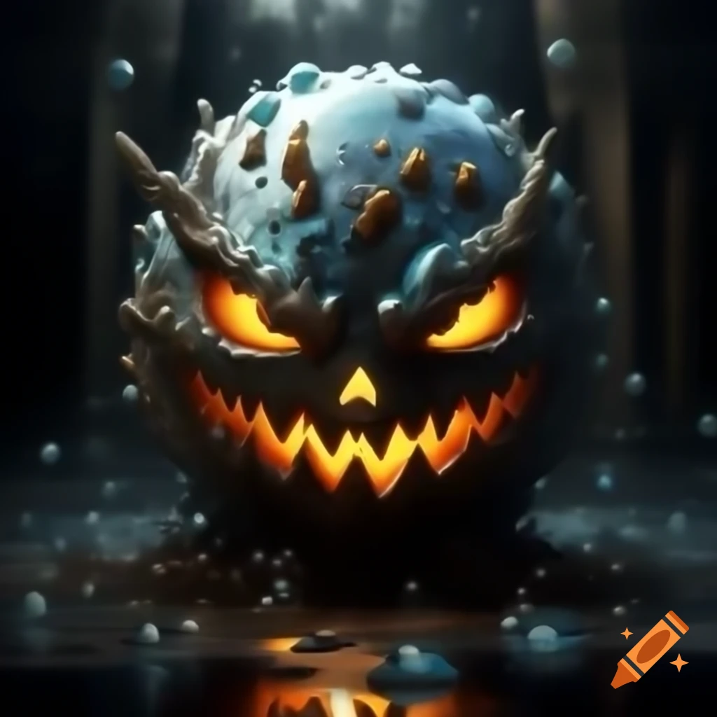 Hyper-realistic fantasy monster with oil-colored bubble, glowing eyes, and Jack O' Lantern mouth
