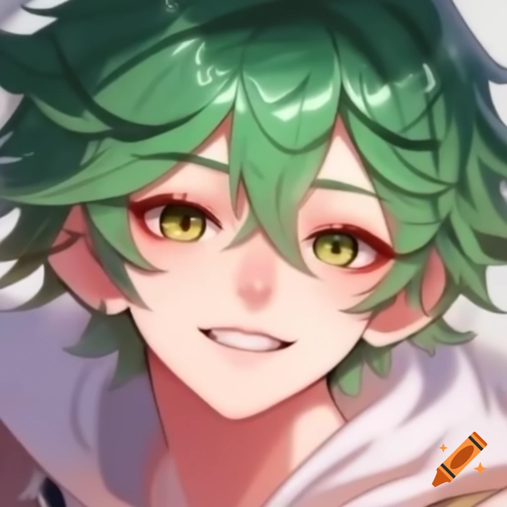 Anime male character with green and pink fluffy hair and sparkling brown eyes