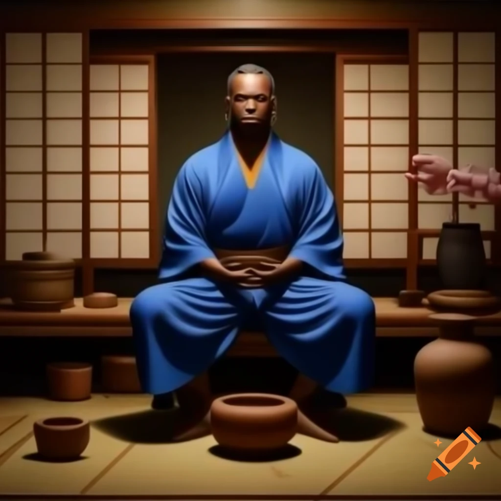 Black man in blue kimono practicing zen in traditional Japanese room
