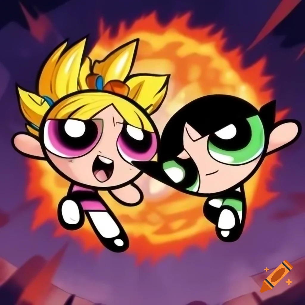 PowerPuff Girl alien queen battling Goku in fierce fight, cosmic scene