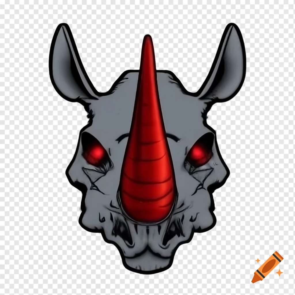 Metal rhinoceros skull with glowing red eyes and horn on transparent background