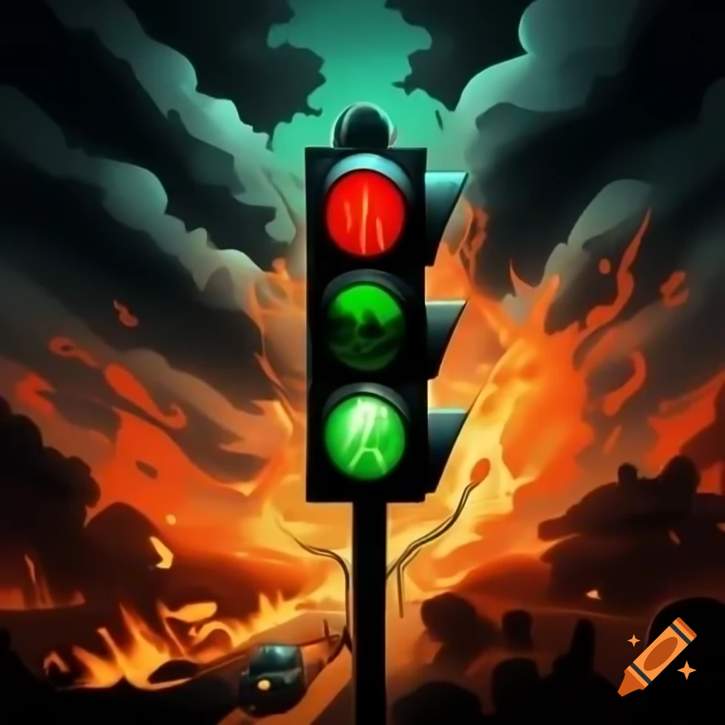 Green traffic light against dramatic sky with flames symbolizing control and chaos