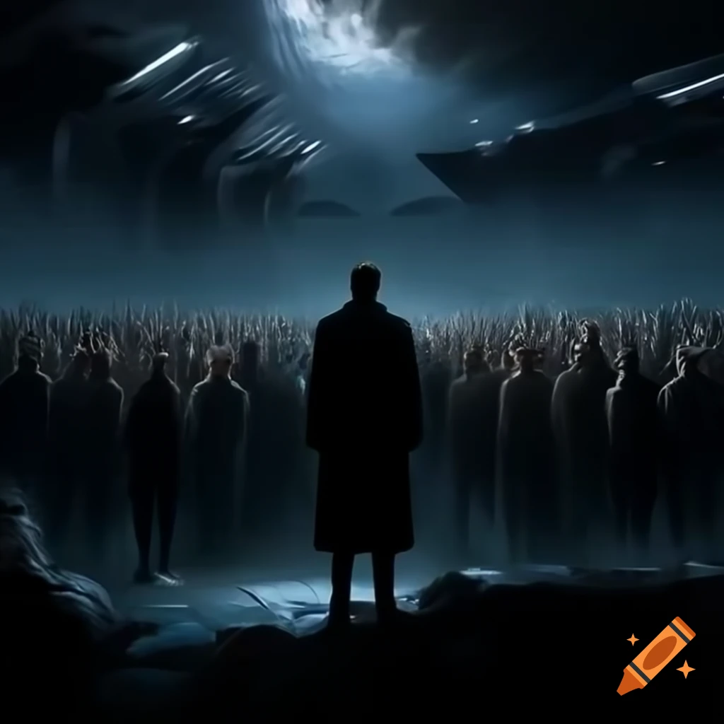 Person facing crowd under dark sky with sirens and emergency lights in futuristic setting