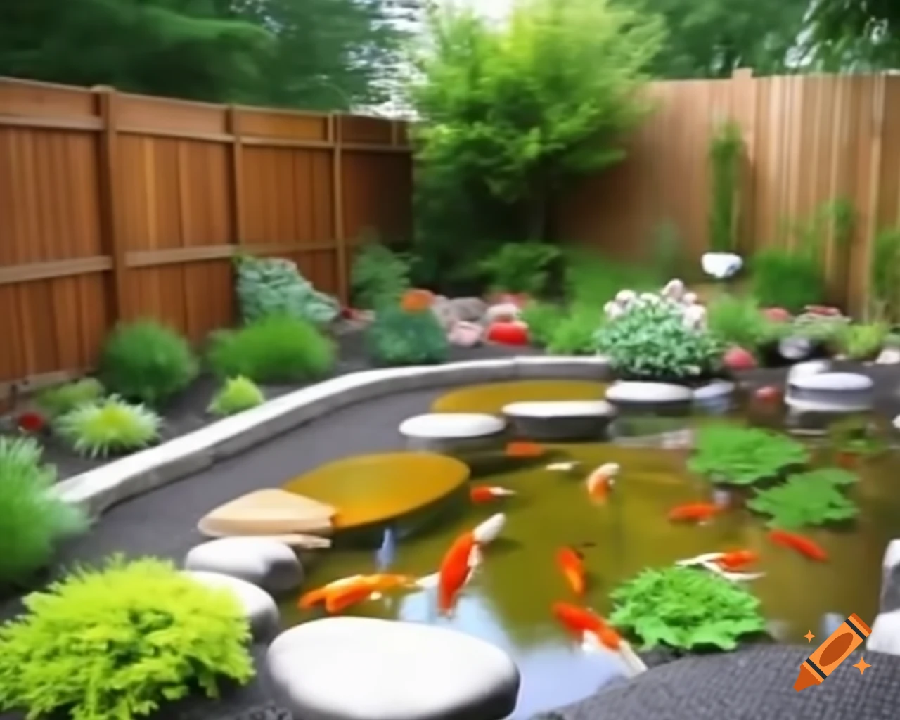 Backyard with flowers, greenery, koi fish, and puddles on sunny day