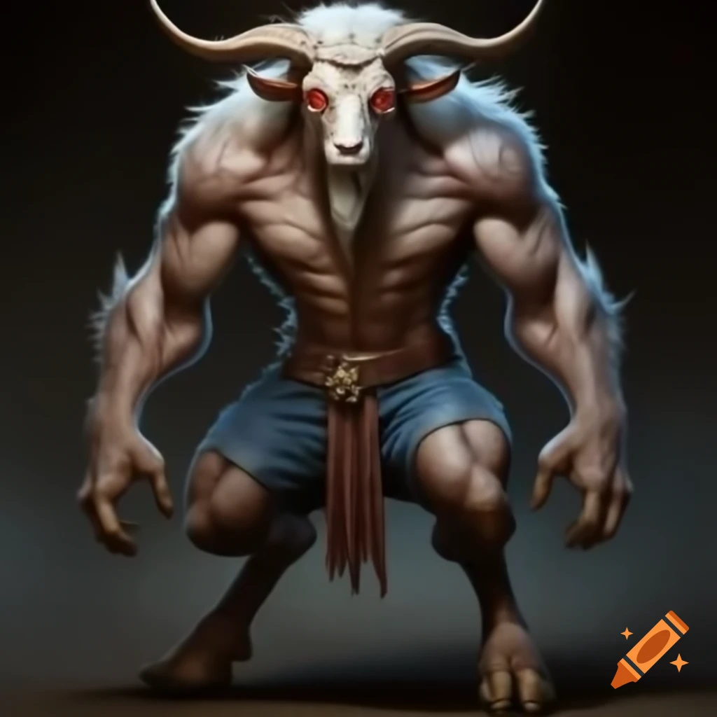 Realistic goat-headed demon with large horns and muscular legs, standing in serious pose