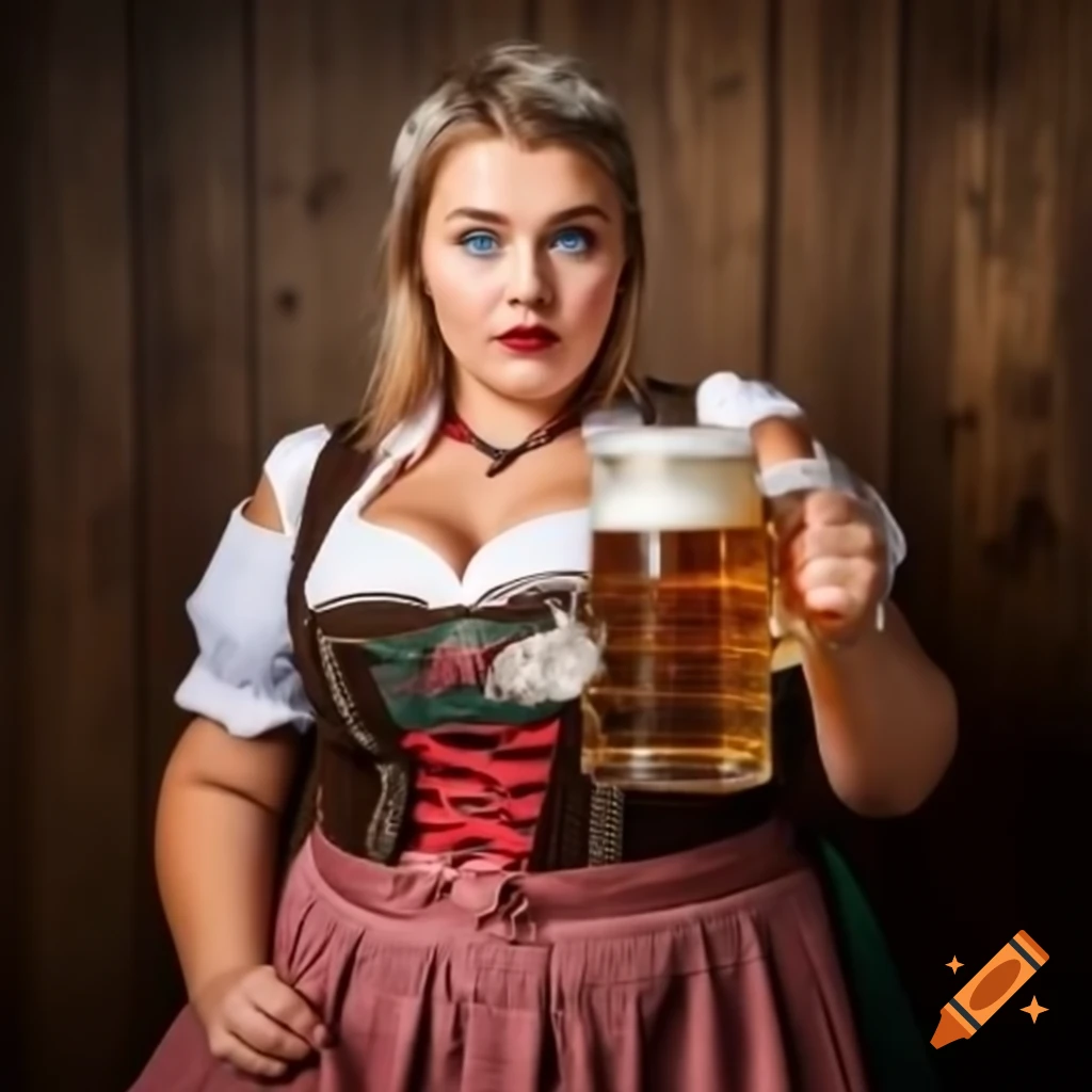 Plus sized woman in traditional oktoberfest attire holding beer on craiyon