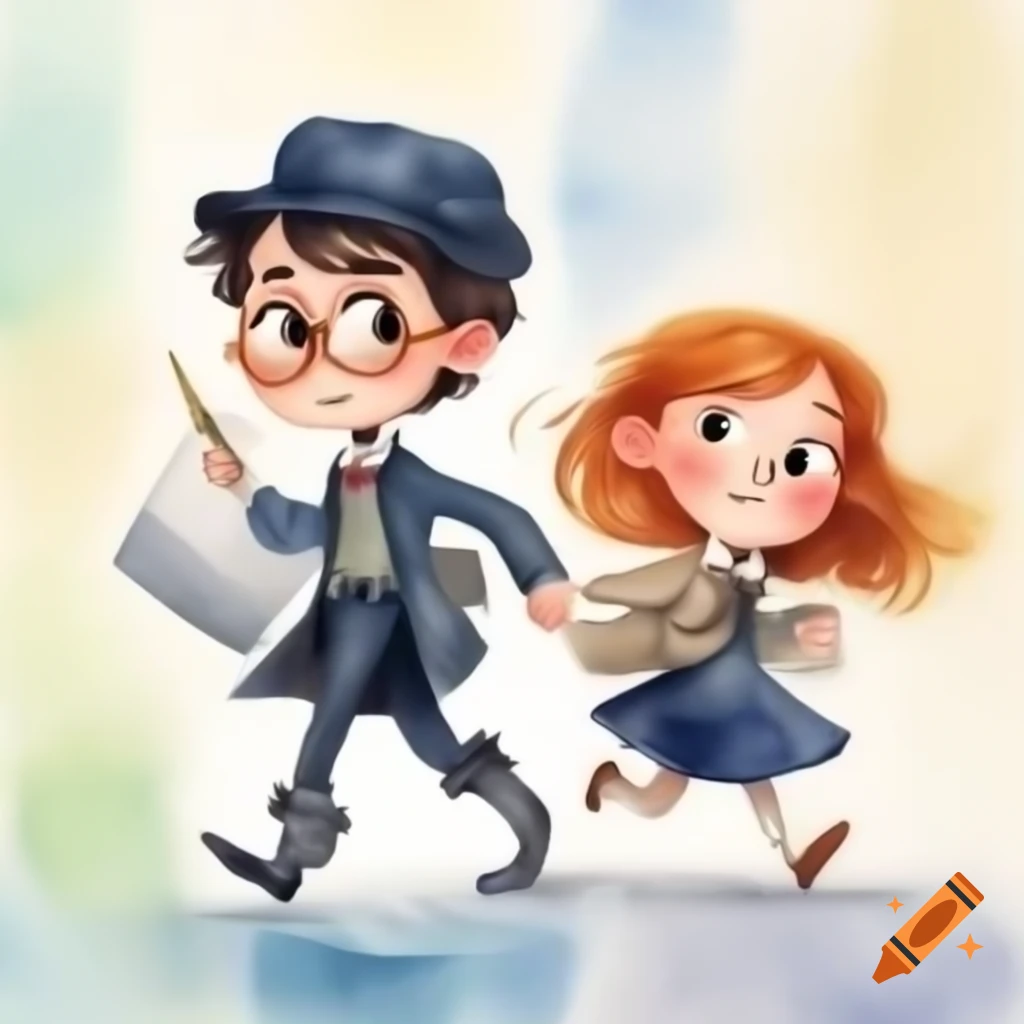 Watercolor boy and girl detectives in Sherlock Holmes attire, smiling with bright background