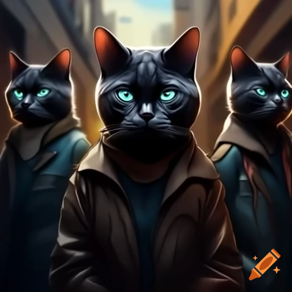 Three black cats in alley, one with eye patch, styled as gang members