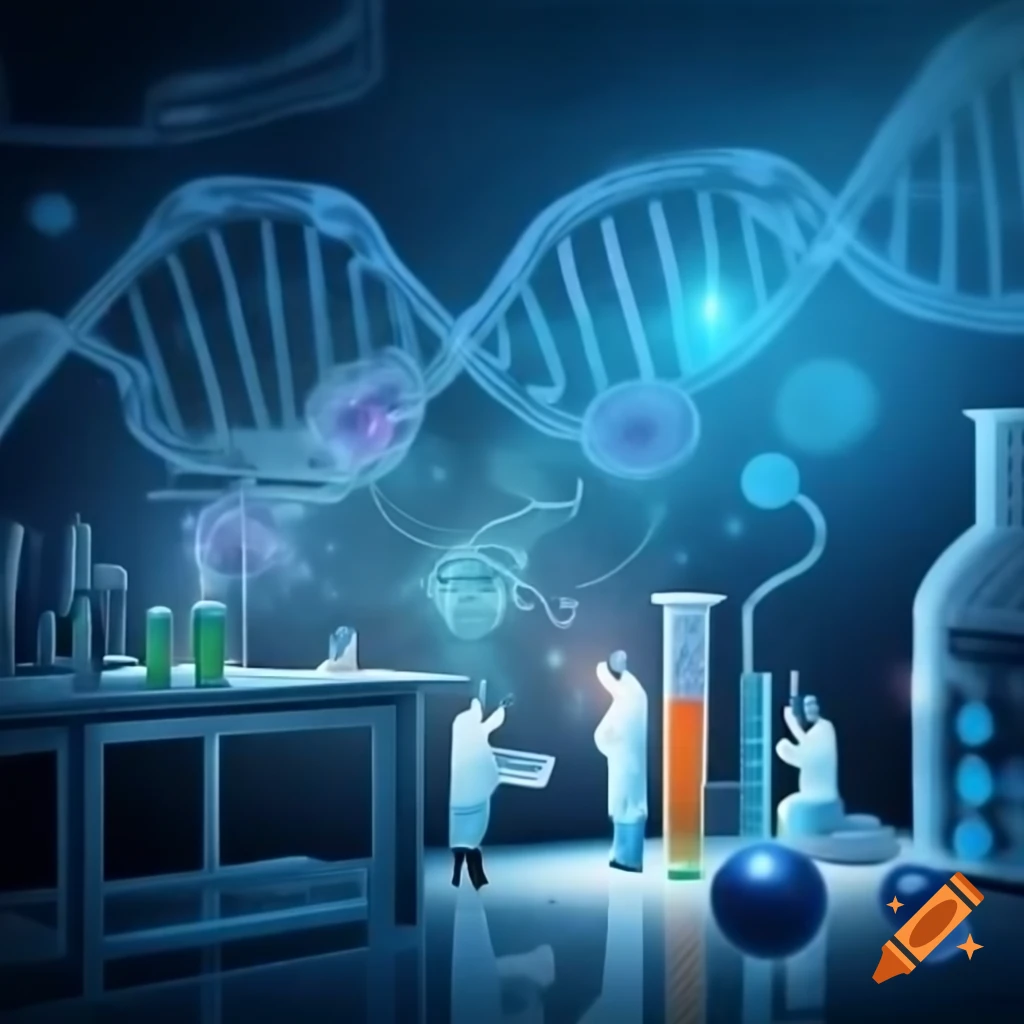 Researchers exploring innovations in pathology laboratory with test tubes and DNA structures
