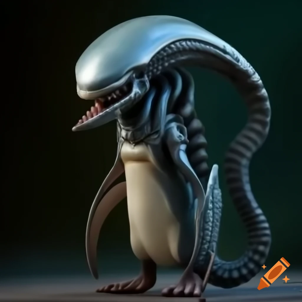 Emperor penguin designed as xenomorph, imaginative creature