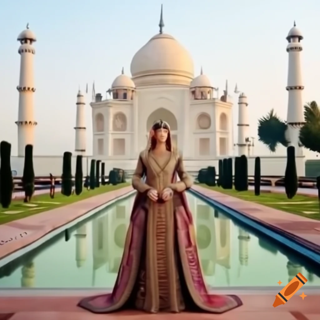 Mumtaz Mahal in regal attire in garden near reflecting pool with Taj Mahal in background