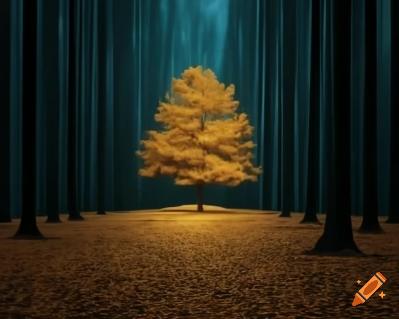 Surreal scene of oak tree with golden leaves in dark forest, long shot