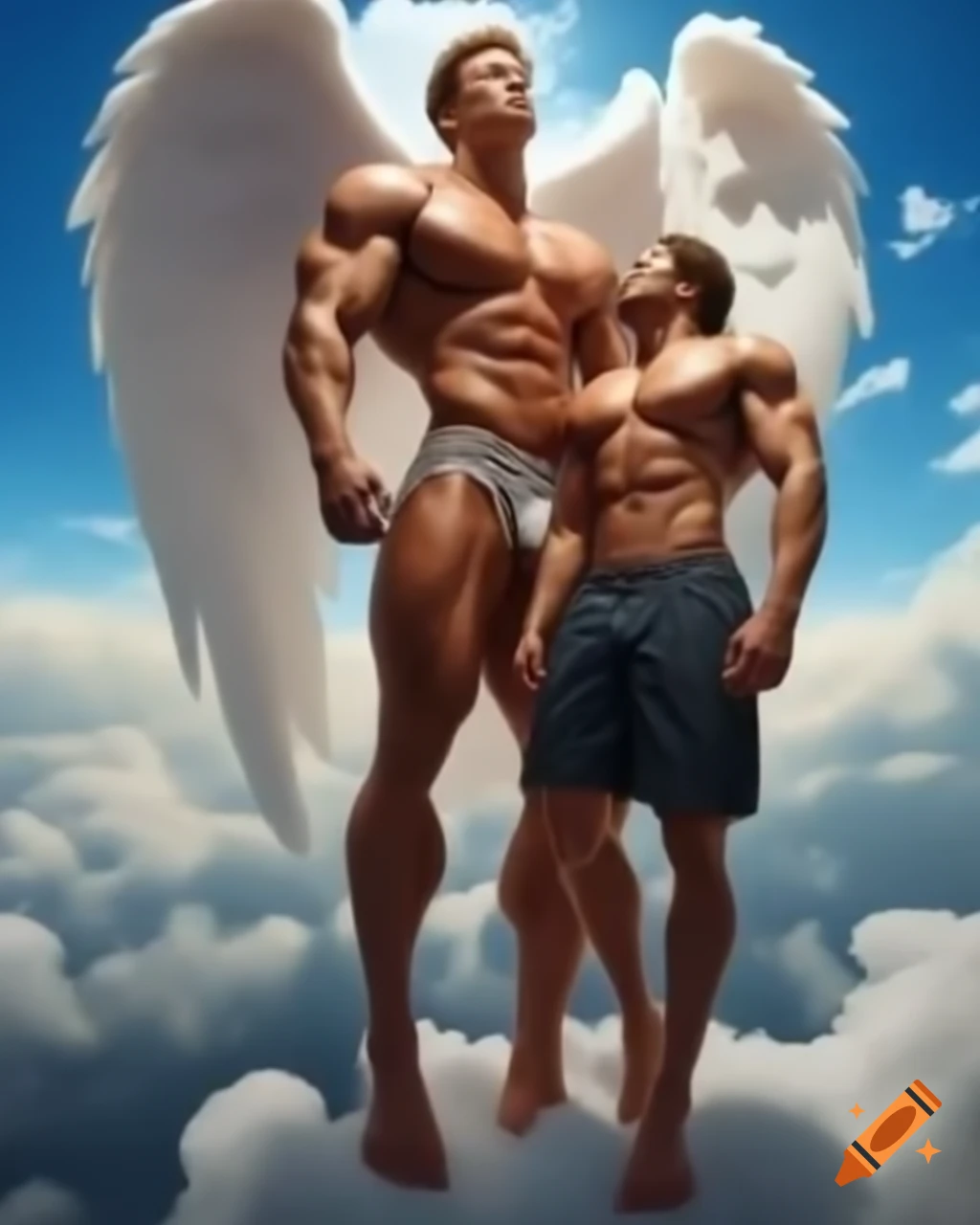 Big muscular angel and human male boyfriend in heavenly clouds