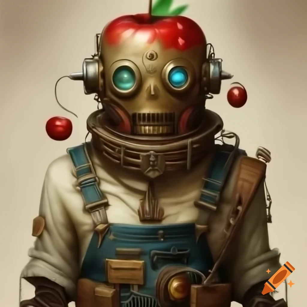 Steampunk robot with apple head examining a shiny apple, detailed fantasy art