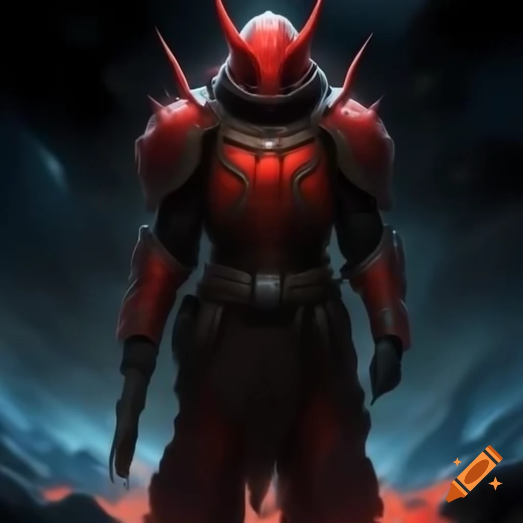 Red sentinel in a luminous universe, symbolizing battle and endurance