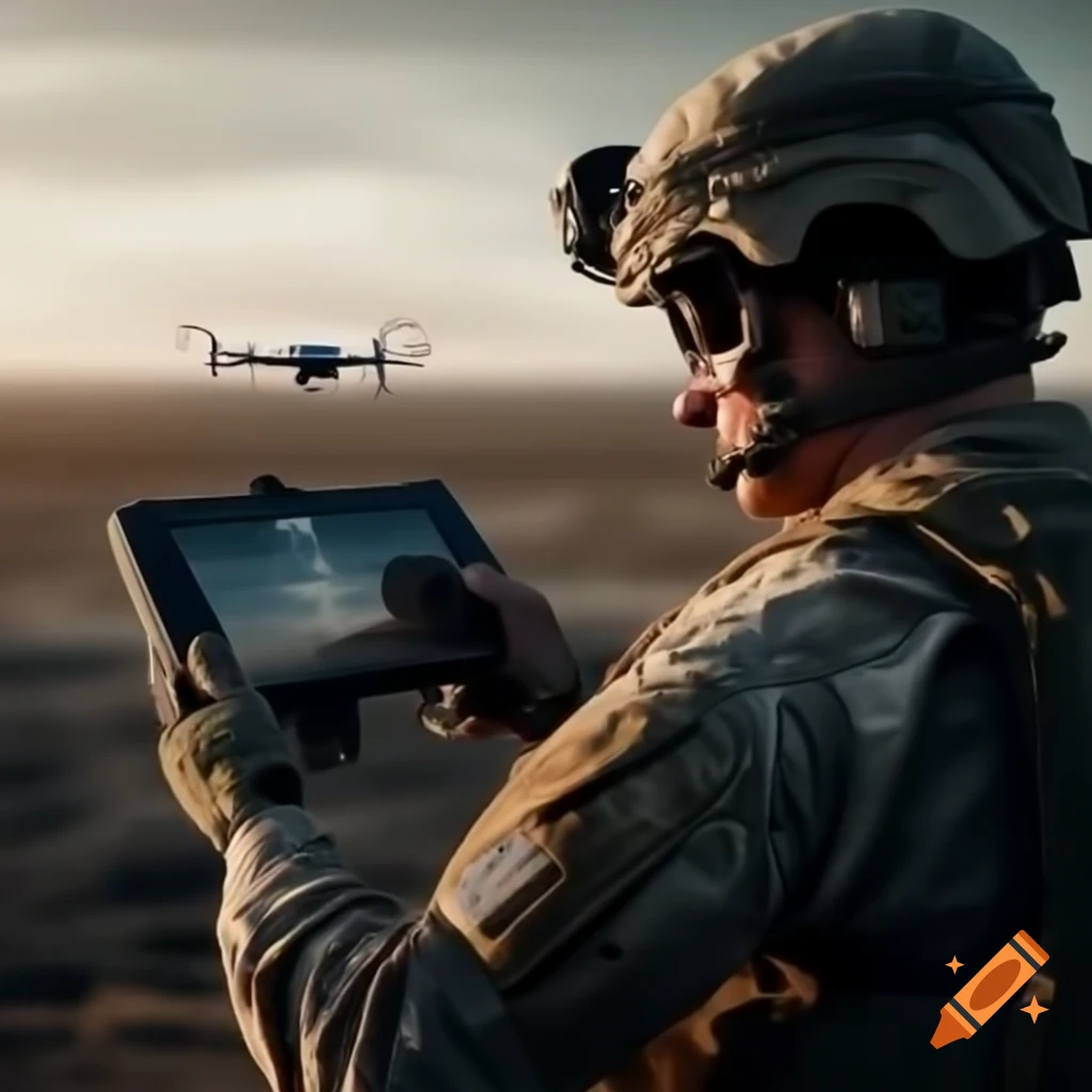 Soldier operating drone using a controller