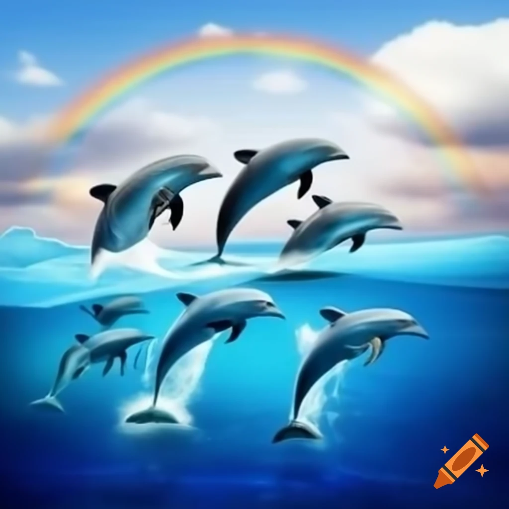 Dolphins jumping out of water with rainbows in the background