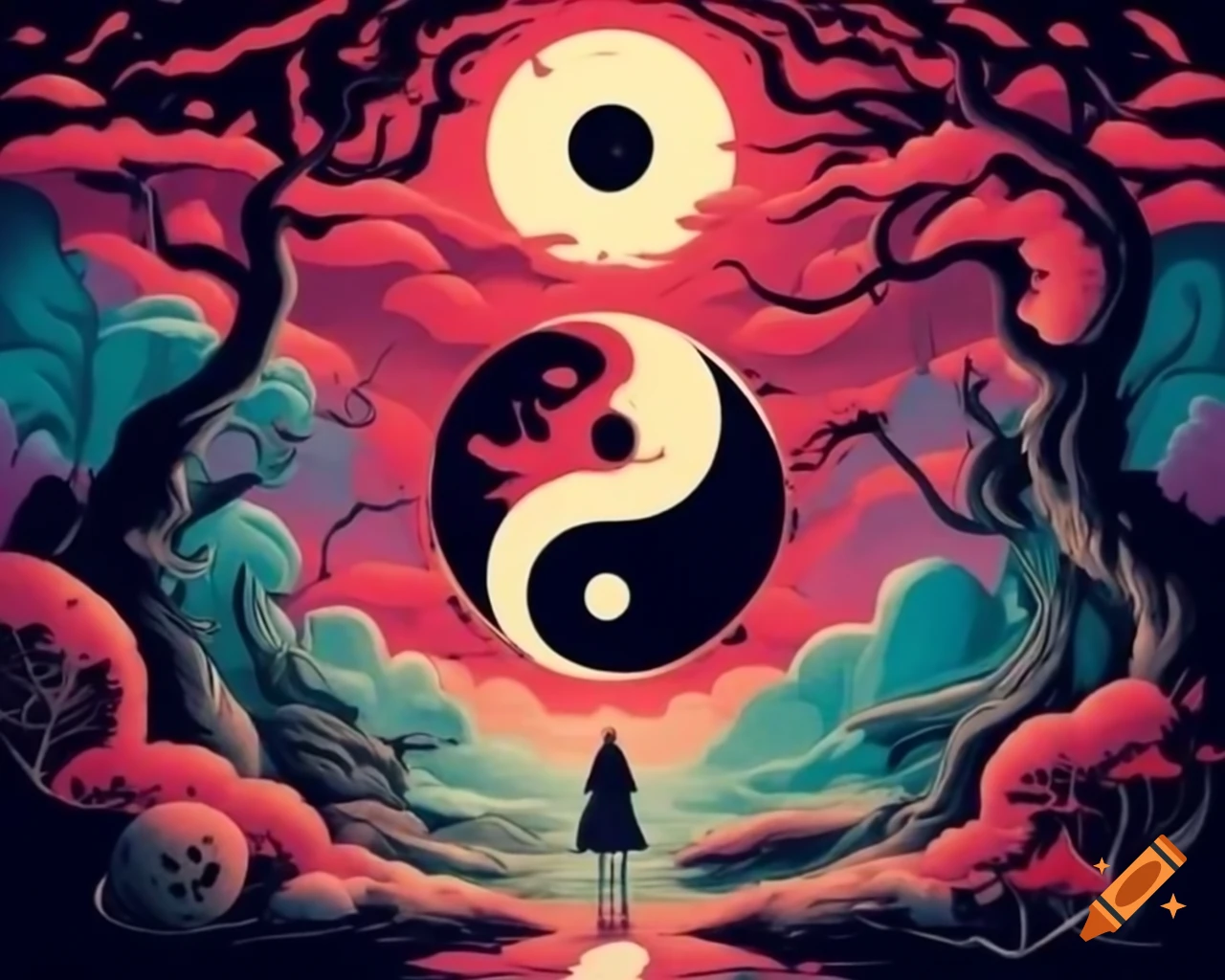 Surreal fantasy illustration in Halloween theme with Yin and Yang elements