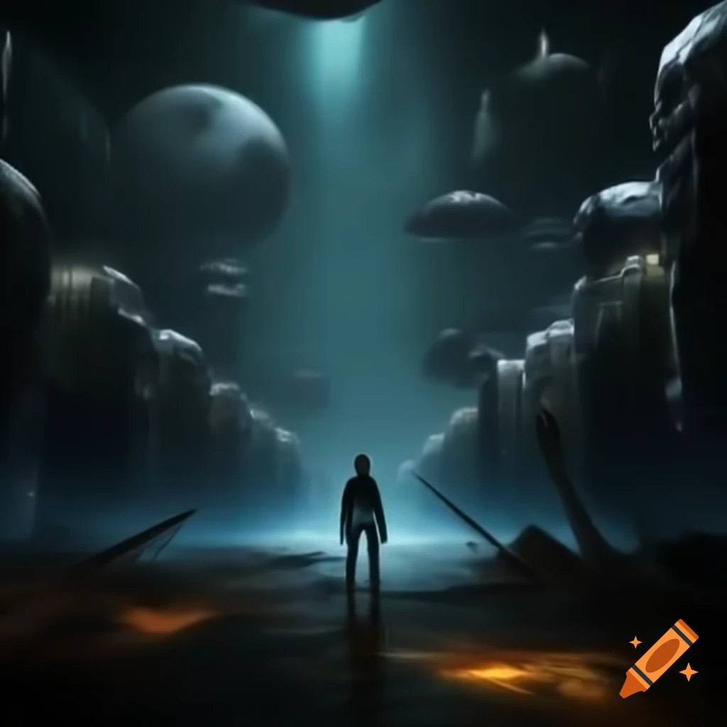 Character facing gigantic spaceships in a moody environment