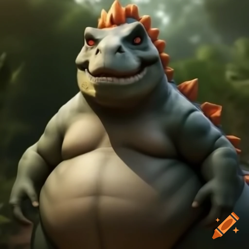 Cartoon depiction of a fat T-Rex with orange hair