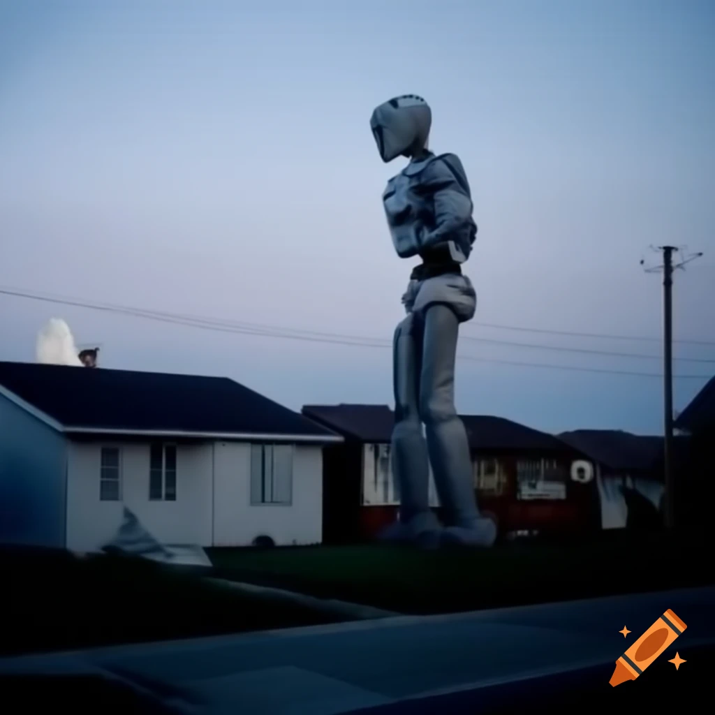 Menacing robot towering over midcentury suburb at dusk