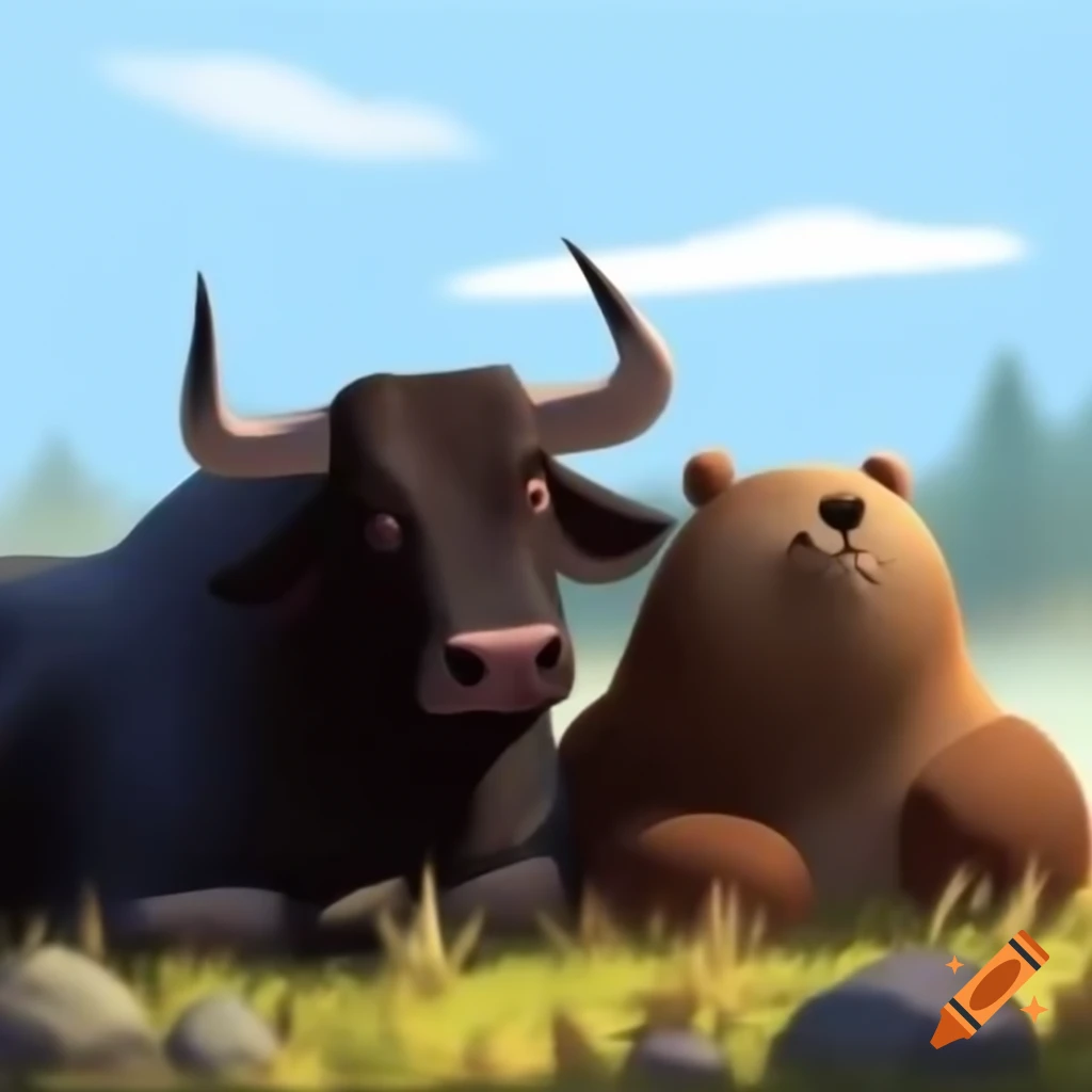 Bull and bear resting in tranquil meadow under clear blue sky