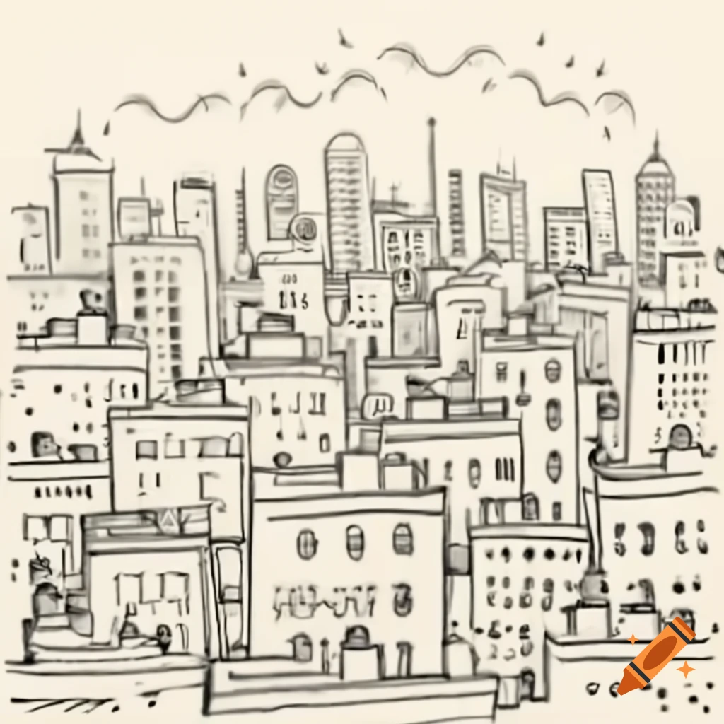 Sketch of cityscape showcasing buildings from various historical periods