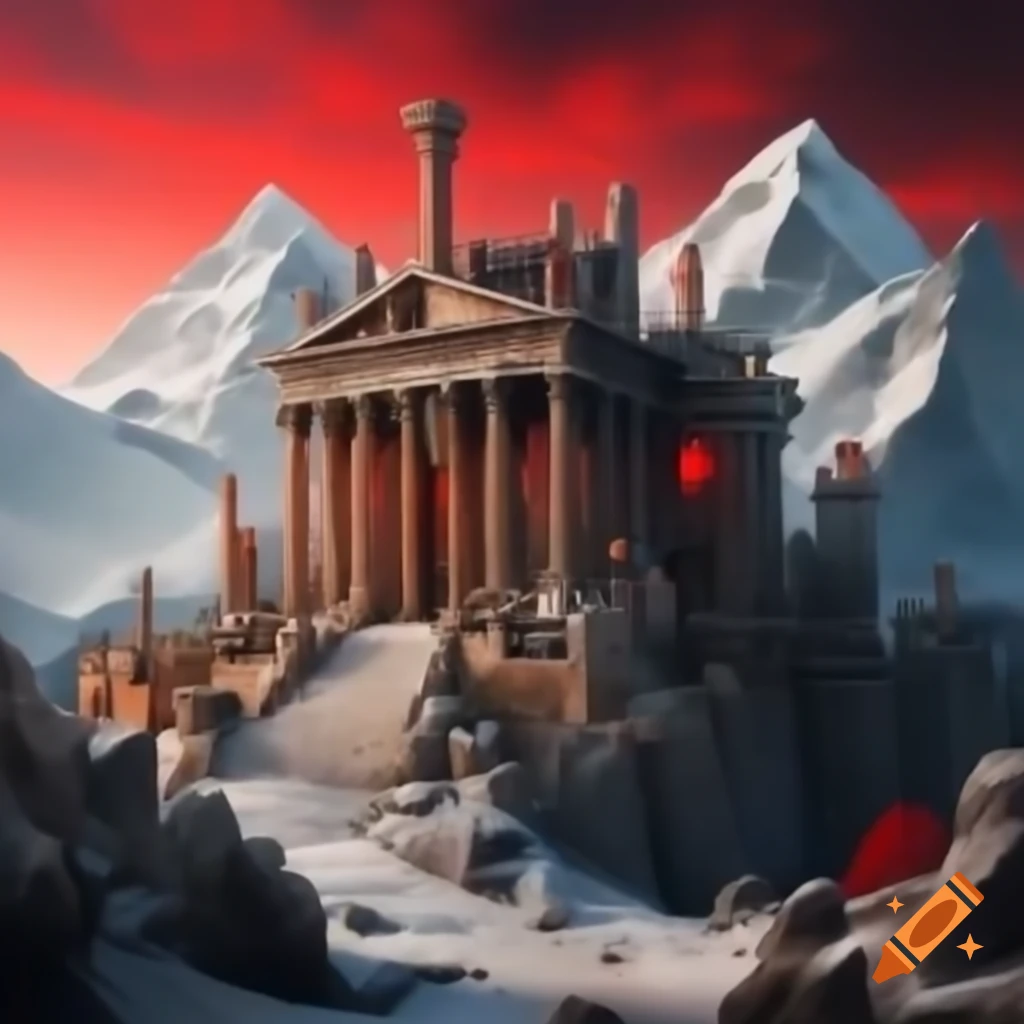 Realistic steampunk acropolis in mountain kingdom with scarlet accents and snowcapped peaks