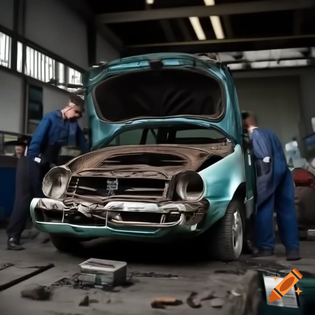 Damaged Volkswagen car in a repair shop environment