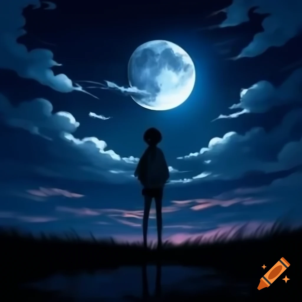 Anime night sky featuring full moon with person looking up