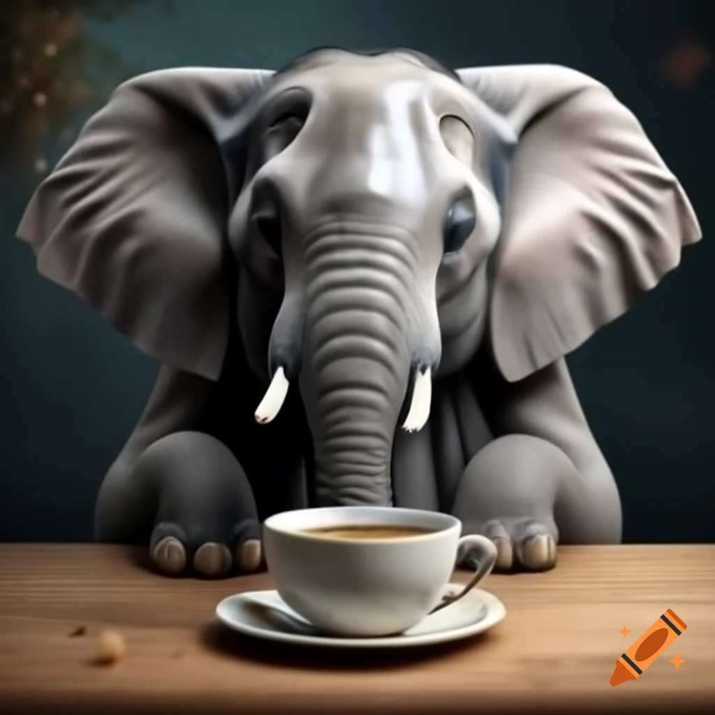 Elephant holding a cup of tea in a creative design