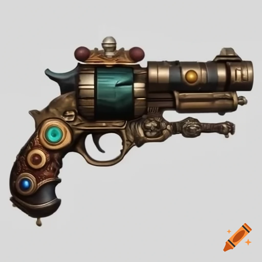 Steampunk revolver with clockwork design and spell buttons