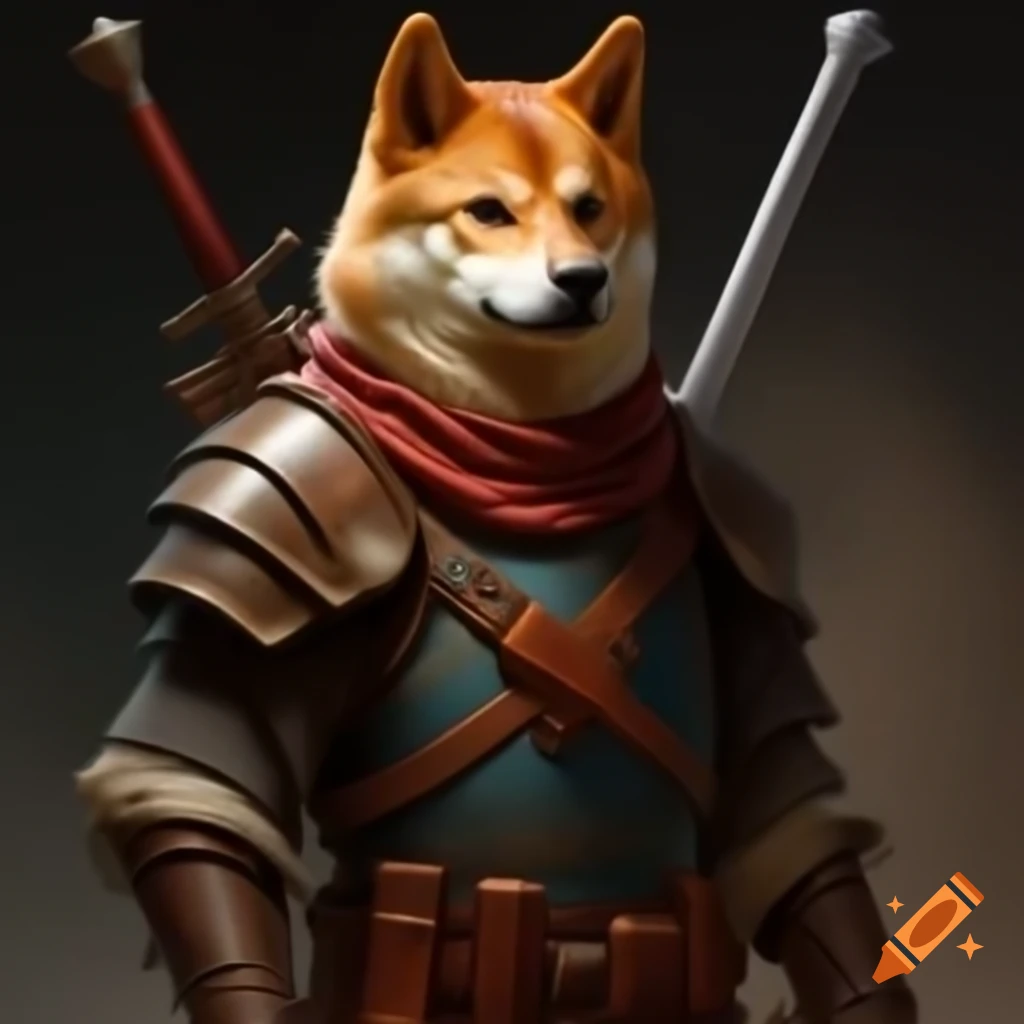 Anthropomorphic shiba mercenary in leather and mail armor with sword and rondache