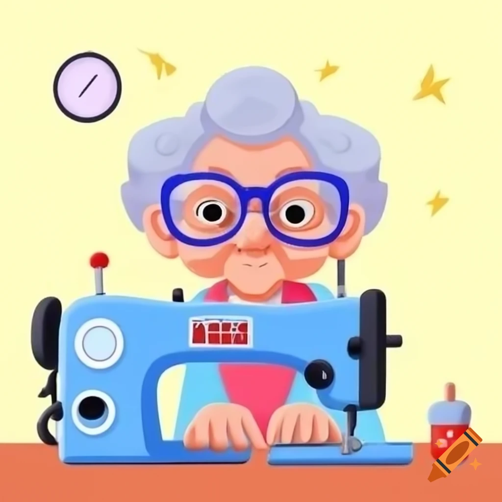 Elderly woman at sewing machine wearing spectacles and pearls with auntie-social logo