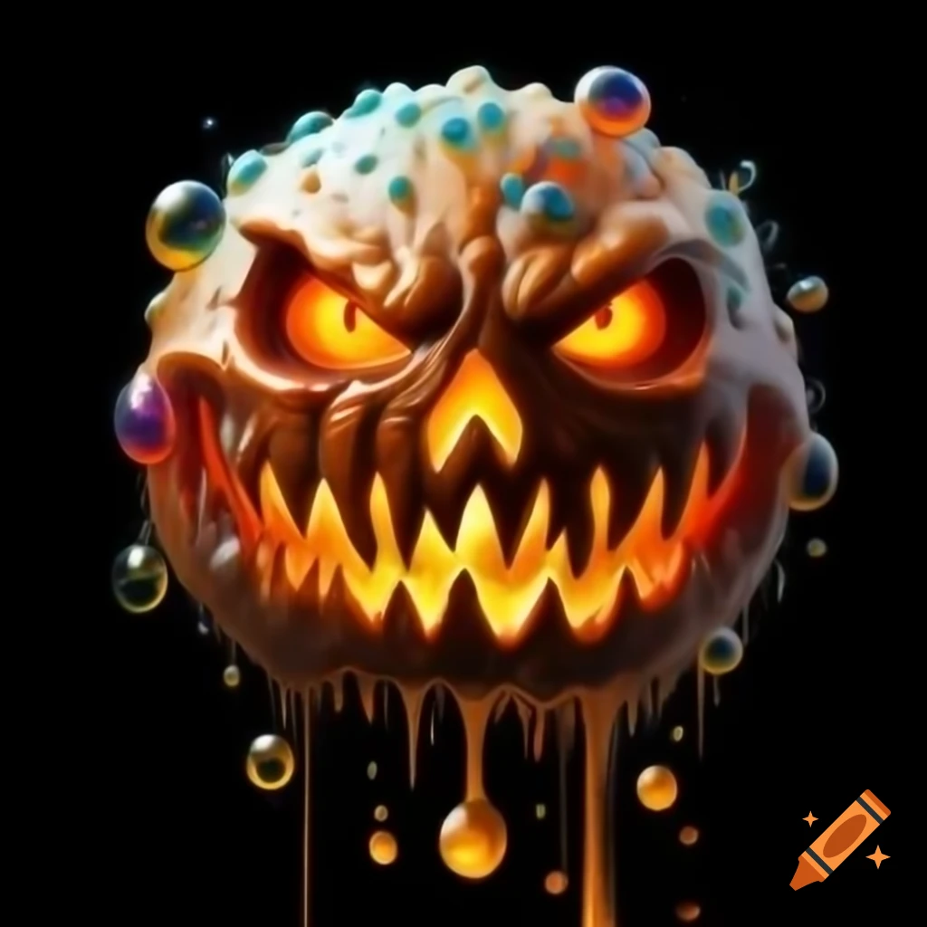 Hyper realistic fantasy monster bubble with brown eyes and Jack O' Lantern mouth, rainbow effect