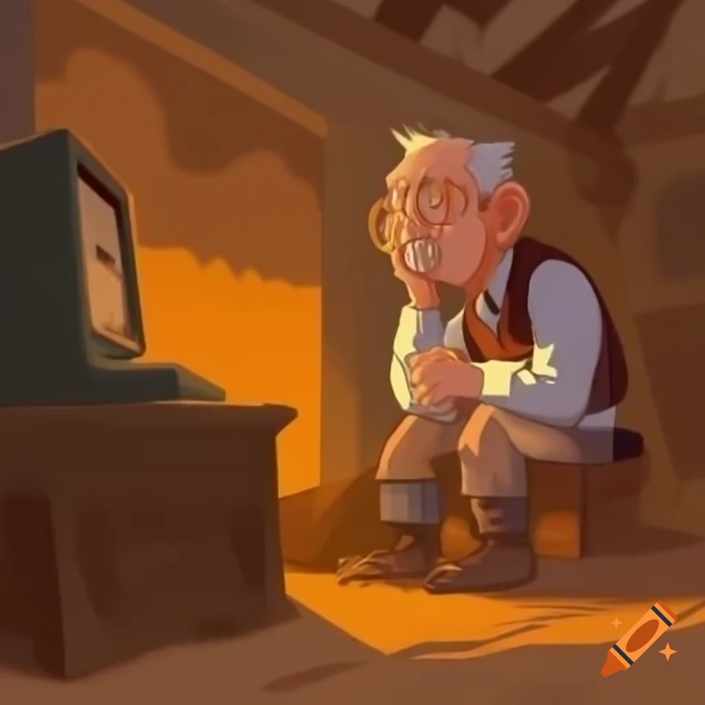 Cartoon illustration of UK rural village in apocalypse with elderly person using old computer