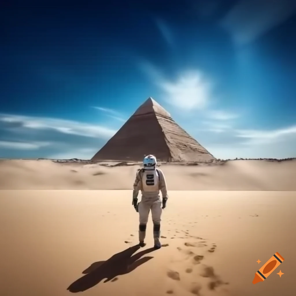 Astronaut gazing at pyramid in vast desert landscape under blue sky