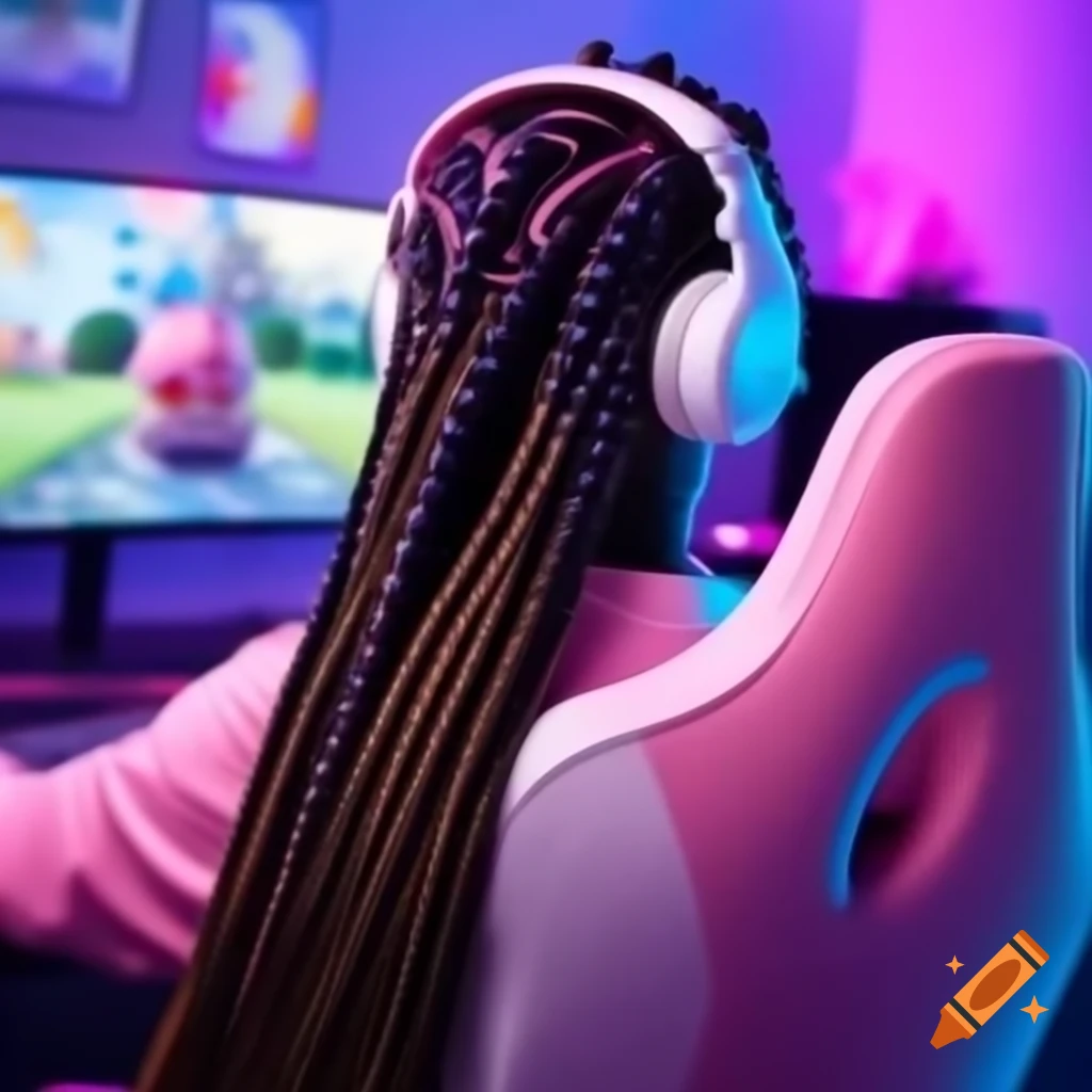 African American gamer with box braids playing video games in bunny ear headphones and pink gaming chair