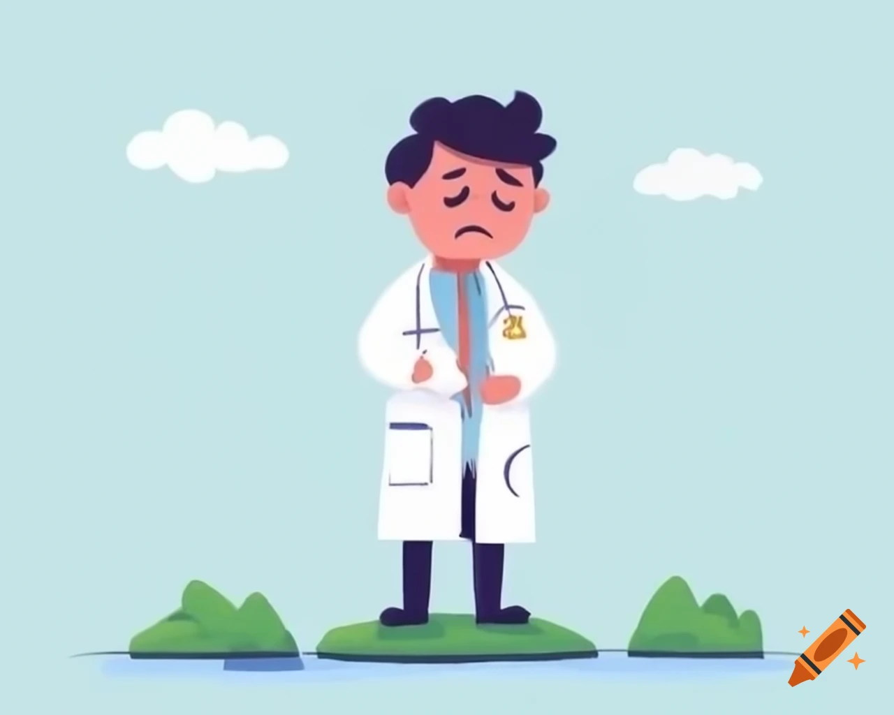 Drawing of young sad scientist on isolated island