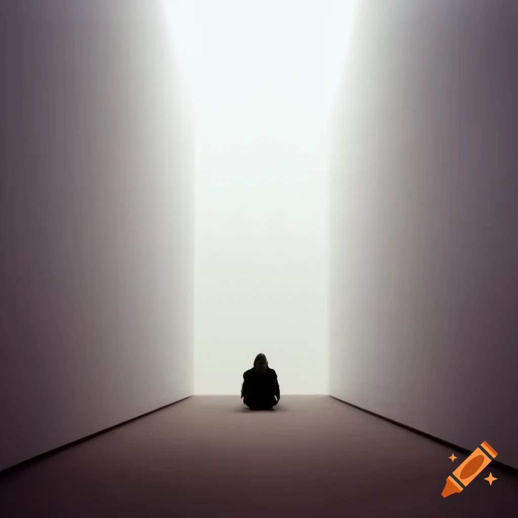 Solitary figure seated against empty hall's white wall, embodying loneliness