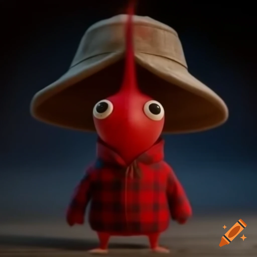 Red Pikmin wearing plaid trapper hat and long sleeve shirt