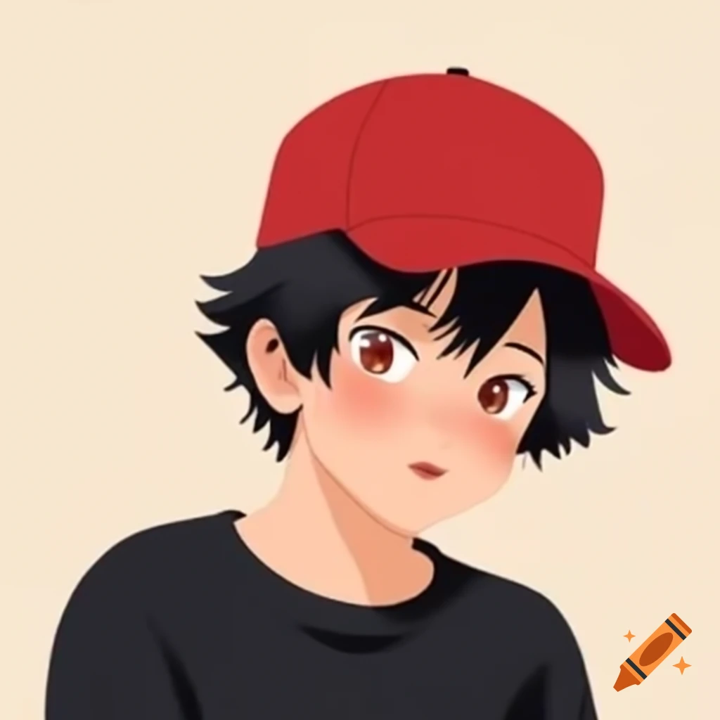 90s anime boy with black hair in red baseball cap and black t-shirt