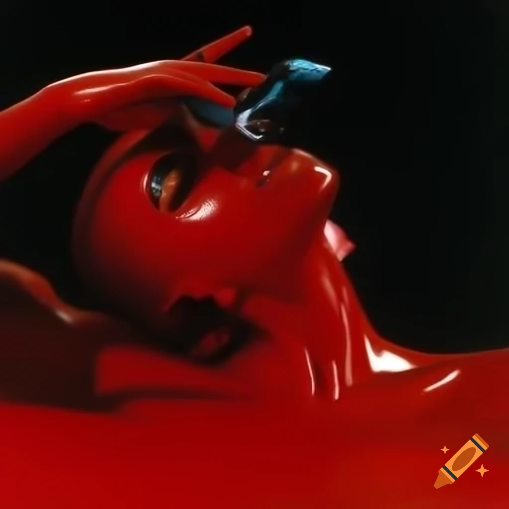 Pop surreal photography featuring red glass statue from 2000s