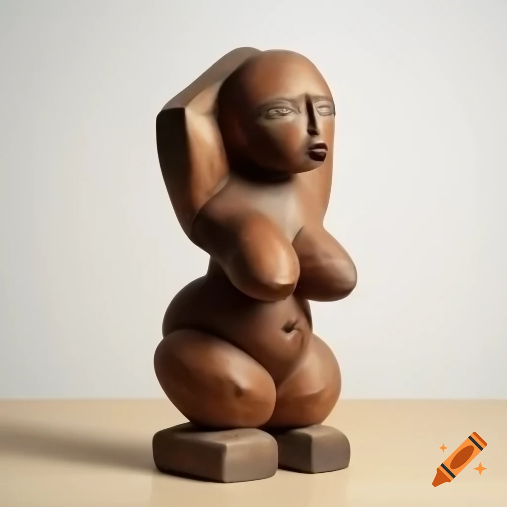 Cubist sculpture of female figure made from rough painted wood with engravings