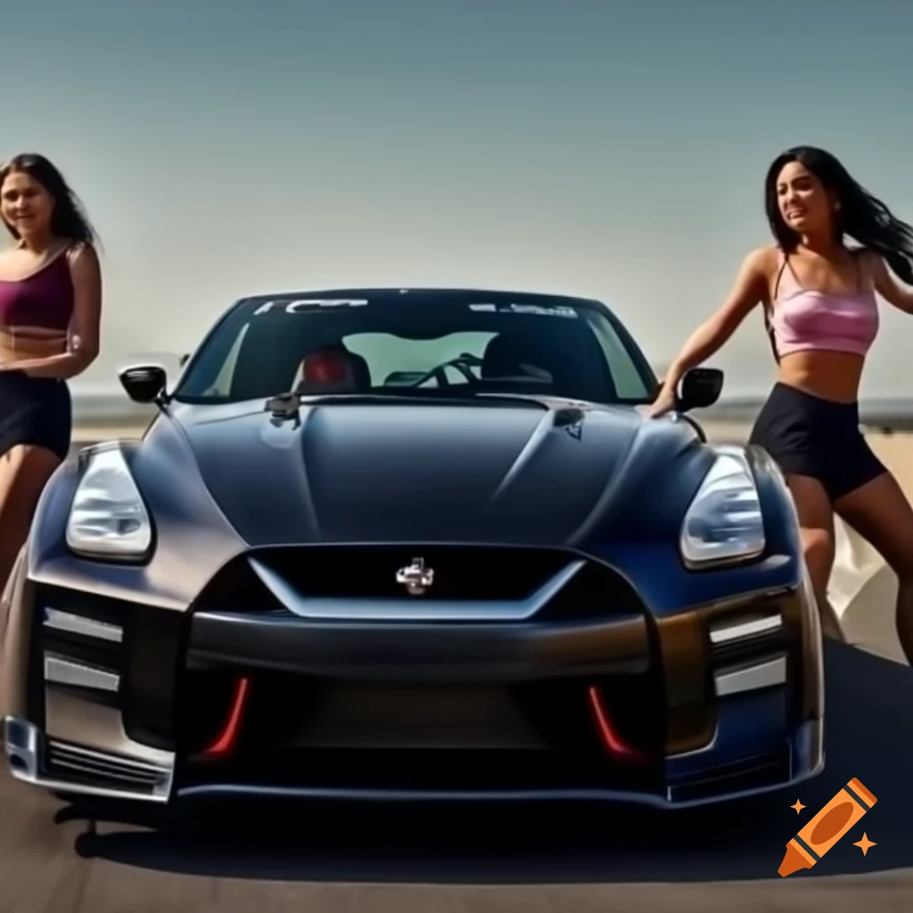 Nissan GT-R with group of girls in the background