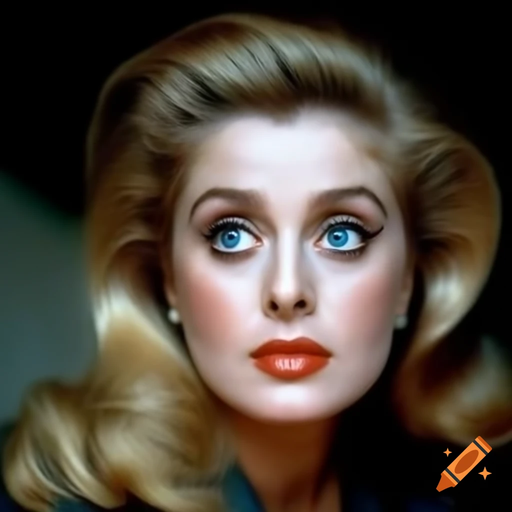 Hyper-realistic portrait of a beautiful 1960s European actress with porcelain skin and striking blue eyes