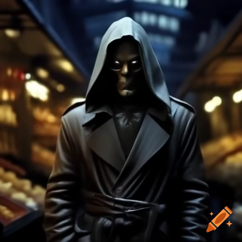 Mysterious figure in trench coat offering exotic wares at night market