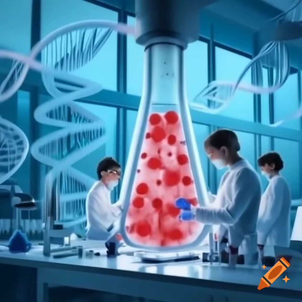 Researchers in pathology lab with test tubes, DNA and neurons in background